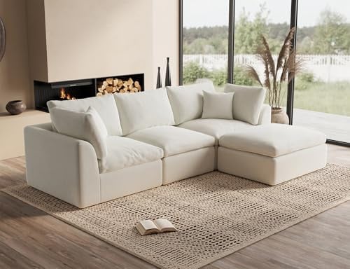ohllob 110 Cloud Sectional Couches for Living Room, Convertible L-Shape Couch with Ottoman, 3 Seater Modular Sectional Sofa, Warm White