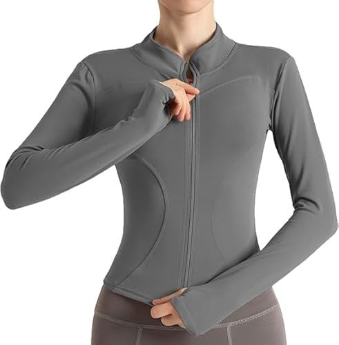 Sportshirt Damen Langarm, Gym Top Laufjacke mit Langer Reißverschluss, Leicht Fitness Oberteil Sweatshirt, Yoga Trainingsjacke mit Daumenloch (DE/NL/SE/PL, Alphanumerisch, M, Regular, Regular, Grau)