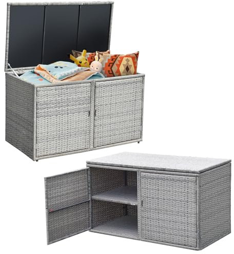 LIFEZEAL Rattan Aufbewahrungsbox mit 2 Ebenen, Große Auflagenbox mit Türen & Deckel, Aufbewahrungstruhe Gärtnerschrank für Innen- und Außenbereich, 115 x 60 x 65 cm (Grau)