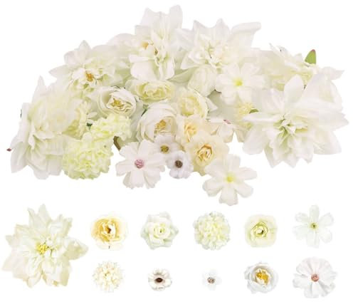 JTgugu 26 Stück Kunstblumen Köpfe 2-10cm Künstliche Blumenköpfe Verschiedene Sorten Blumen Mini Fake Kunstblume Flowers Künstlich Dekoblumen für DIY Hochzeit Party Tortendeko Handwerk Deko, Weiß