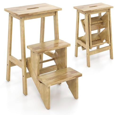 Maxmass 3 Tiers Wooden Step Stool, Folding Ladder Stool with Handle and Non-Slip Pedal, Portable Stepladder for Kids Adults, Max Weight 90kg (Natural)