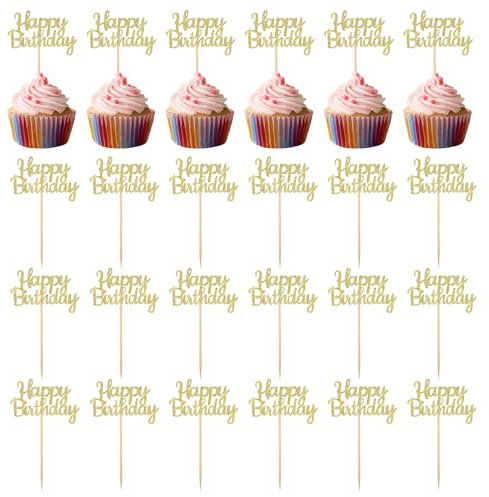 24 Pcs Cupcake Picks, Happy Birthday Cupcake Toppers Glitter Birthday Cupcakes Food Picks for Celebrating Anniversary Theme Party Cake Decorations Supplies
