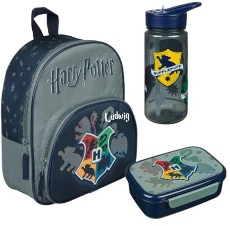 Zaino per l'asilo Harry Potter Hogwarts con contenitore per il pranzo, borraccia personalizzata con nome, set zaino per bambini con contenitore per il pranzo, Set 1 - Harry Potter, colore: Grigio, 3