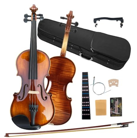 WUQIMUSC Flame Maple Violine - 1/2 Violine für Anfänger, Halbgröße Geige Starter-Kit, handgefertigtes massives Holz mit Ebenholz-Beschlägen, Hartschalenkoffer, Schulterstütze, Bogen, zusätzliche