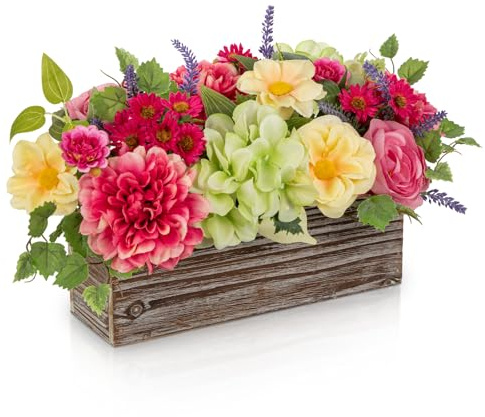 Oairse Hortensien Kunstblumen in Holzvase, Kunstblumen im Topf, Künstliche Topfblumen, Pfingstrosen, Chrysantheme, Tafelaufsätze für Tischdekoration, Wohnzimmer, Innenbereich, Zuhause, Badezimmer