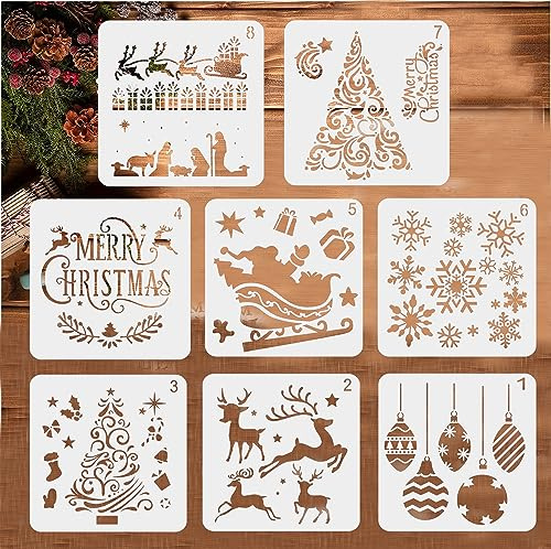 BTORER Weihnachten Schablonen, 8 Stück Weihnachts Stencils Set Wiederverwendbares Malerei Vorlage Bemalen, DIY Christmas Schablone zum Malen an Wand, Geschenkkarte, Kleidung, DIY (6 Zoll, Xmas)