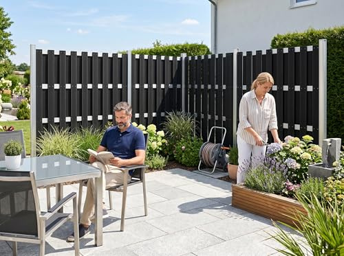 WPC-Sichtschutzzaun CARMENO - 1x Element, ca. 180 x 180 cm - Schwarz | Langlebiges WPC-Material
