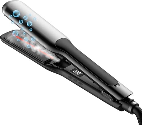 UKLISS - Plancha de pelo de vapor ancha con pantalla LCD, para cabello ultra liso, ajuste de temperatura de 100 a 230 °C, alisado extremo con protección para el cabello
