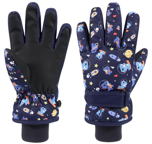 QKURT Gants de Ski d'hiver pour Enfants avec Motif Dinosaure Spatial, Gants de Luge, de Snowboard, de Course à Pied, Gant Thermiques Coupe-Vent pour Temps Froid, Gant de Neige de 4 à 9 Ans
