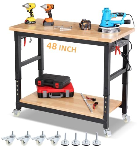 ENJOYWOOD - 122 cm height adjustable workbench with shelf under the table, plug-in board, sockets, workbench for garage, home, office, workshop