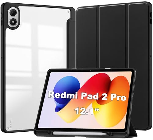 CAUHENYEE Custodia per Xiaomi Redmi Pad 2 Pro 12.1 Cover, [Tripla Protezione] Antiurto, Chiusura Magnetica, Retro Trasparente - Custodia con Funzione Sleep e Supporto Pieghevole - Nero