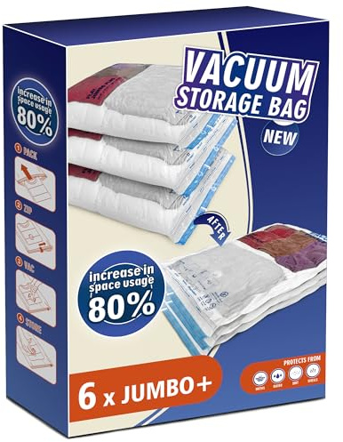 Storage Master Space Saver Bags for Travel and Home Reusable Vacuum Storage Bags Save 80% More Storage Space Work with Vacuum Cleaner, 6 Jumbo Plus No Pump