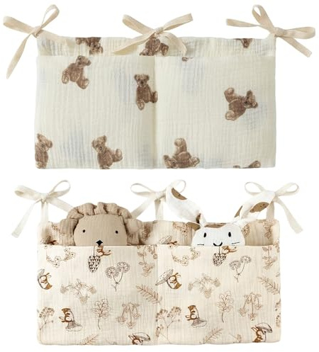 2 Stück 2-in-1 Babybett Organizer - Baby Kinderzimmer Organizer Aufhängen Verstellbarer Hängend Organize Babybett Betttasche Spielzeugtasche für Windeln Kleidung Spielzeug (Bären + Eichhörnchenmuster)