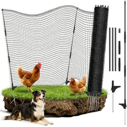 Hühnerzaun Mobiler Weidezaun, RIFNY 120 cm x 15 m Hundezaun Camping | Steck Gartenzaun mit Pfosten Engmaschiger netz für Hunde, Hühner & Kleintiere