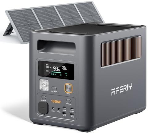 AFERIY P180 Pro Générateur Électrique Portable 1800W avec Panneau Solaire Pliable 100W, Batterie Nomade 1024Wh Extensible à 5120Wh, Recharge de 0-80% en 36Min, pour Domestique/Camping/Panne de Courant