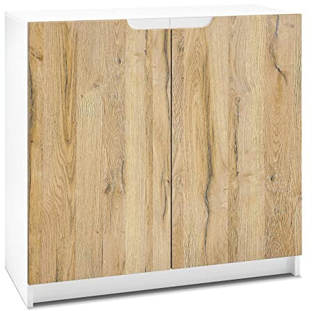 Vladon Sideboard Logan, Made in Germany, Kommode mit 2 Türen, Weiß matt/Eiche Natur (82 x 78 x 37 cm)