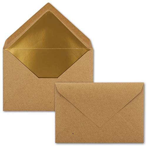 10x - Brief-Umschläge B6 mit Gold Innenfutter - 12,5 x 17,6 cm - Kraft-Papier braun Recycling Nassklebung - Vintage - UmWelt by GUSTAV NEUSER