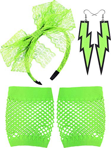 Blulu 80 Jahre Spitze Stirnband Neon Ohrringe Fingerlose Fischnetz Handschuhe für 80 Jahre Party (Fluoreszierende Grün)
