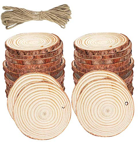 Lot de 20 rondelles de bois naturel de 6 à 7 cm - Rondelles de bois percées - Cercles en bois brut avec 5 m de ficelle de jute pour mariage, réception, décorations de Noël, loisirs créatifs