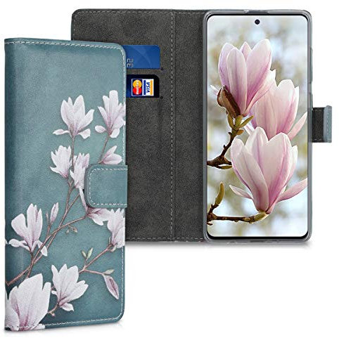 kwmobile Wallet Case kompatibel mit Samsung Galaxy A51 Hülle - Cover mit Ständer und Kartenfächern - Magnolien Taupe Weiß Blaugrau