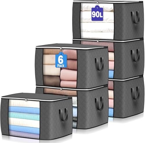 Budding Joy 6 Pack 90L Storage Bags, Large Clothes Storage Bags with Zips Durable Handles Thick Fabric for Clothes, Bedding, Blankets, Comforters and Toys (Grey)