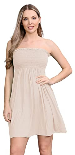 janisramone® Womens Bandeau Dress, Boob Tube Sheering Ruched Flared Mini Dress, Plain Strapless Summer Dresses, Perfect Holiday & Beach Dresses for Women UK Stone
