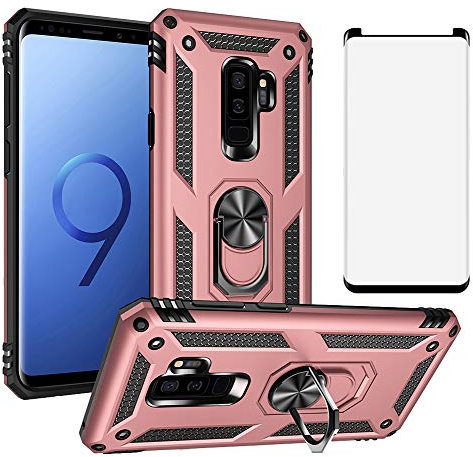 Handyhülle für Samsung Galaxy S9 Plus mit gehärtetem Glas Displayschutzfolie Magnetisch Rugged Stand Ring Zubehör Schutz Hard Stoßfest Bumper Glaxay S9+ 9S 9plus S9plus S 9 Note Damen Herren Rosa