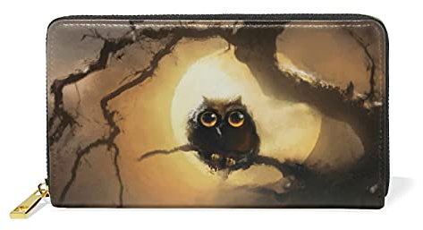 Mnsruu Halloween Eule Vogel Mond Damen Brieftasche Reißverschluss Geldbörse Echtes Leder Geldbeutel Telefon Kreditkartenetui Portemonnaie für Frauen Mädchen
