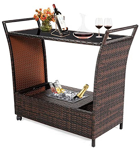 Chusstang Serving Trolley Cart, Bar Cart on Wheels Home Storage Serving Trolley with Removable Ice Bucket, Bar Table with Glass Top for Home Kitchen Bistro Garden