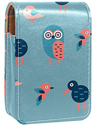 Lippenstift-Etui mit Spiegel, schöne Eule und Kiwibird, Lipgloss-Halter, tragbare Lippenstift-Aufbewahrungsbox, Reise-Make-up-Tasche, Mini-Leder-Kosmetiktasche für 3 Lippenstifte, Mehrfarbig, 9.5x2x7