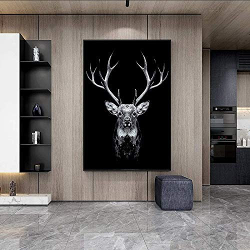 Schwarz-Weiß-Hirsch-Bilder, Leinwand-Malerei, Tier, Wandkunst, Poster, abstraktes Bild für Wohnzimmer, Heimdekoration, 70 x 100 cm, rahmenlos