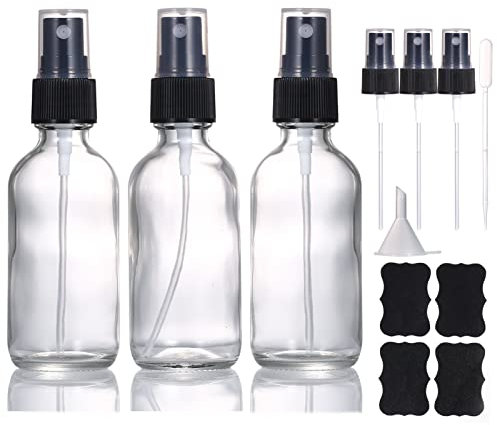 Flacon Spray Verre Vide Transparent de 60 ml,Petit Flacon Vaporisateur de Voyage Réutilisable et Rechargeable pour Huiles Essentielles/Cosmétique avec buse de Pulvérisation Supplémentaire (lot de 3)