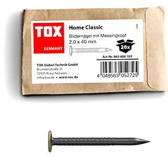 Clous à images Home Classic TOX en acier trempé avec tête en laiton dans un emballage en papier recyclable, taille 2,0 x 40 mm, clous en acier pour images pour presque tous, 20 pièces, 063600103