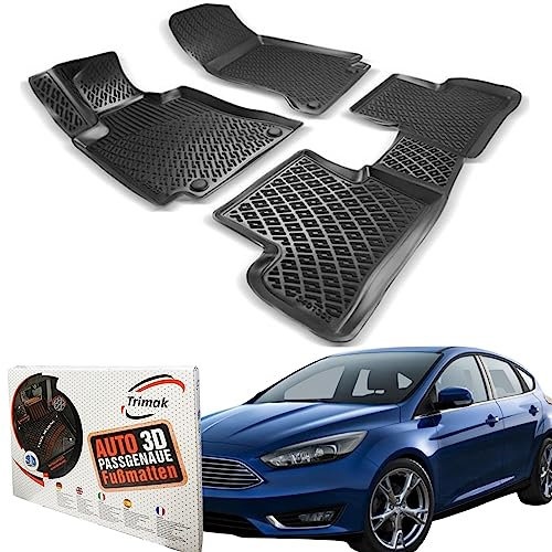 Trimak Passgenau 3D Fussmatten Auto Kompatibel mit Ford Focus 3.Gen A Series 2010-2014 Auto Zubehör 1. Und 2. Reihe Gummimatten Autos TPE Allwetter Geruchlos rutschfest Vorne und Hinten Schwartz