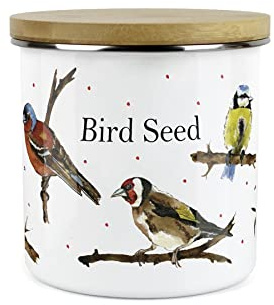 Purely Home Birds Range Bird Seed Storage Canister by Rhiannon Chauncey - White Metal Enamel Bird Food Storage Container