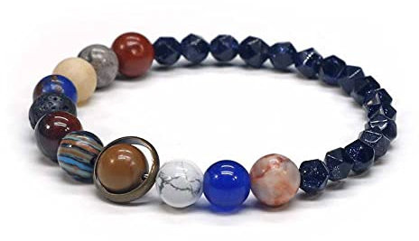 Planeten-Armband – Handgefertigtes Naturstein-Perlenarmband Geschliffener Blauer Kristall Planeten-Armband Universum Galaxie-Armband Planeten-Wächter Elastisches Armband Unisex 6 Mm–8 Mm 8 + 8 Mm