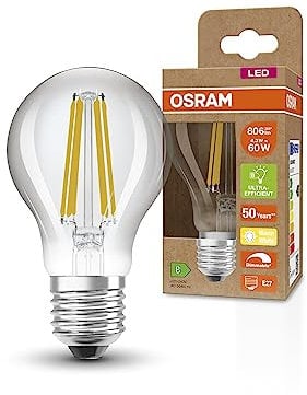 Osram SUPERSTAR+ CLASSIC A FIL 60 LED-Lampe, E27, Kolbenform, 4,3W, 806lm, 2700K, warmweißes Licht, dimmbar, LED-Filament-Technologie, sehr geringer Energieverbrauch, Energieeffizienzklasse B