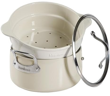 Bloomhouse 6-QT Aluminum Enamel Dutch Oven w/Non-Stick Non-Toxic Ceramic Interior and Ceramic Steamer Insert - Oat White