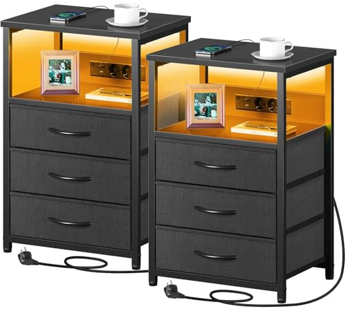 Seventable Lot de 2 Tables de Chevet connectées - avec 3 tiroirs, Prises USB et éclairage LED - pour Chambre à Coucher, Salon ou canapé (2, Noir)