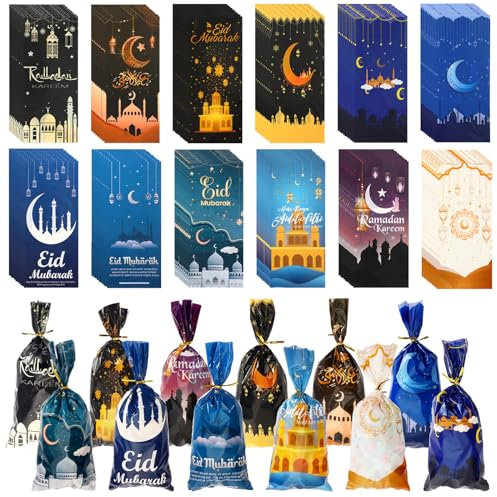 JULBEAR Eid Mubarak Tüten, 150 Stück Ramadan Geschenktüten Ramadan Thema Süßigkeiten Tüten mit 150 Gold Krawatten Ramadan Tüten zum Befüllen für Eid Mubarak Party Deko