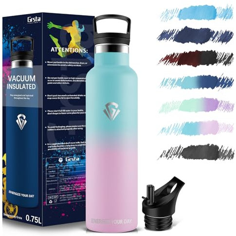 Grsta Trinkflasche Edelstahl - Thermosflasche 750ML - Trinkflasche Sport, BPA-frei, Trinkflasche mit Strohhalm, Doppelwandige Thermoskanne, Wasserflasche fur Gym, Fitness, Outdoor