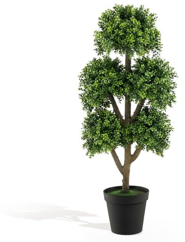 COSTWAY künstlicher Buchsbaum 115 cm, Kunstpflanze mit 5 Kugeln, Dekopflanze im Topf, Kugelbaum Grünpflanzen Kunstbaum, Zimmerpflanze Deko, für Zuhause Büro Garten Veranda, Grün