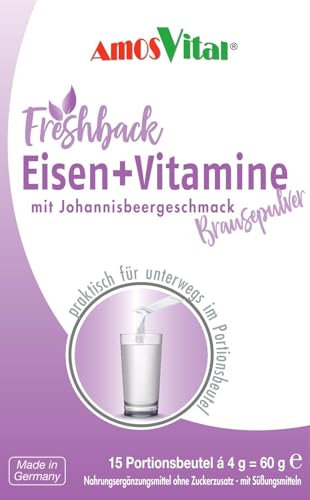 freshback Eisen + Vitamine Getränkepulver - 15 Portionsbeutel á 4g (1Pack) - Eisen, Vitamin C, Folsäure, Vitamin B12 - praktisch für unterwegs (6)
