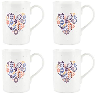 Floral Heart Anniversary Love Mug Set - Valentine Couples Mugs Gift Set - Bone China White Coffee/Tea Cup Drinkware Present Pack of 4