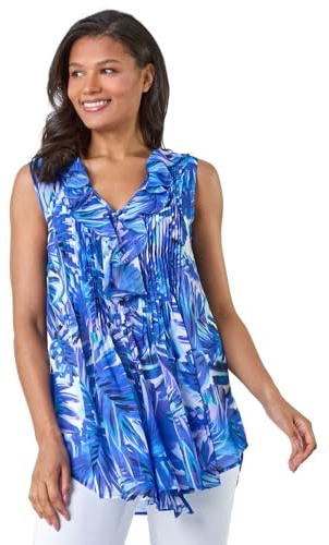 Roman Originals Women Frill Front Vest Top Ladies Ruffle Blouse Summer Spring Special Occasion Evening Holiday Cruise Cocktail Party Short Long Sleeve Sleeveless V-Neck - Blue White Teal - Size 20