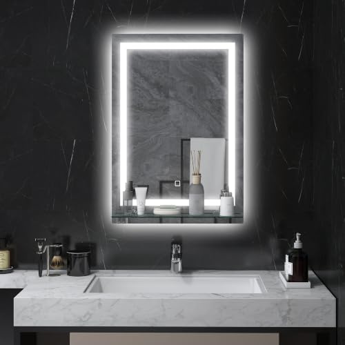 kleankin Espejo de Baño con Luces LED 50x70 cm, 3 Colores de Luz, Vertical | Espejo de Pared, Brillo Regulable, Estante de Vidrio, Función de Memoria, Interruptor Táctil, IP44