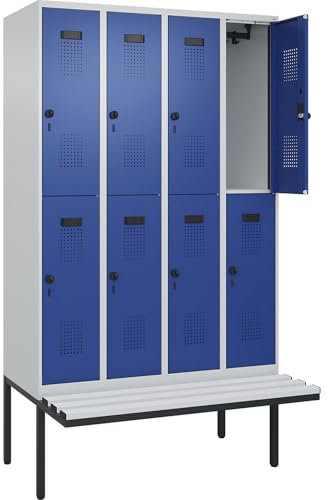 kaiserkraft | Doppelstock-Spind Evolo Plus Sitzbank | 4 Abteile | lichtgrau/enzianblau | B 1200 mm | Sicherheits-Drehriegel | mit auskragender Sitzbank | Kunststoff