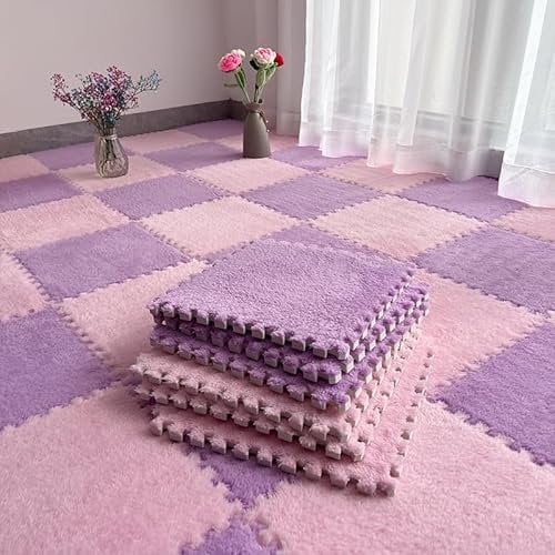 Schaumstoff-Spielmatte, 10 Stück, 30 x 30 x 1 cm, flauschige Plüschschaum-Bodenmatte, Bodenschutz, zotteliger Teppich, quadratische Bodenfliesen, Puzzle-Spielmatte für Spielzimmer (Rosa, Violett)