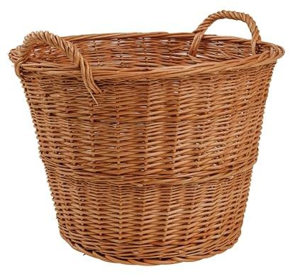 BOGATECO Cesta de mimbre redonda con asas | cesta para chimenea 30/40 x 30 H | tejida a mano | cesta de madera forrada con yute | cesta para leña