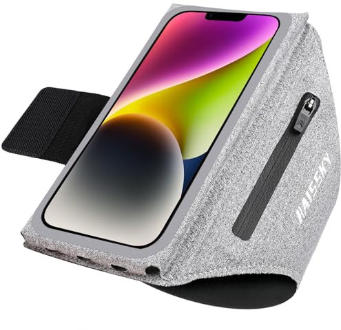 Razobws Running Armband Phone Holder, Sports Mobile Armband with Airpods Zipper Pocket, Adjustable Sweatproof Sports Strap for iPhone 16 15 14 13 Pro Max, Up to 6.9